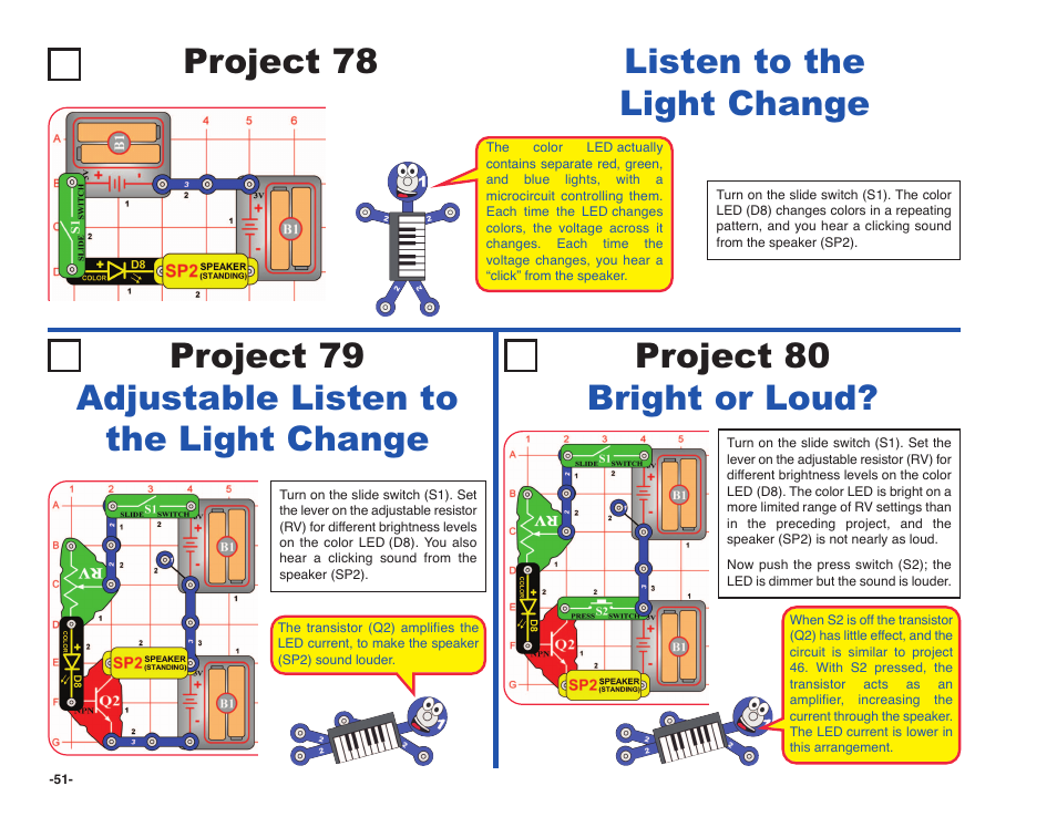 Listen to the light change project 78 | Elenco Snap Circuits SOUND ® User Manual | Page 52 / 88
