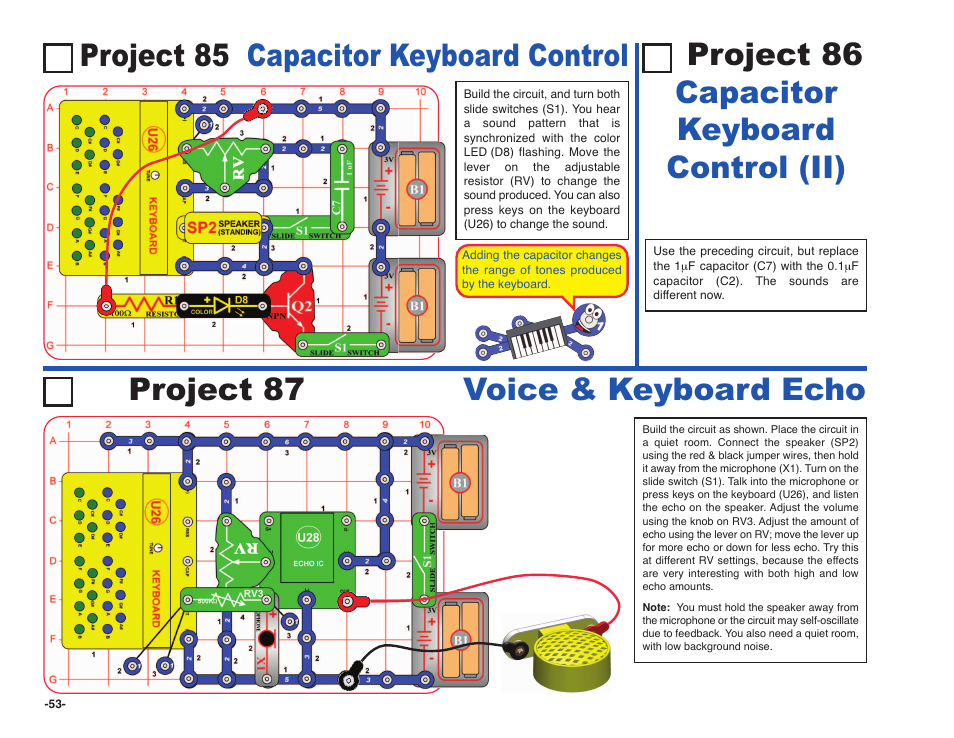 Project 87 voice & keyboard echo | Elenco Snap Circuits SOUND ® User Manual | Page 54 / 88