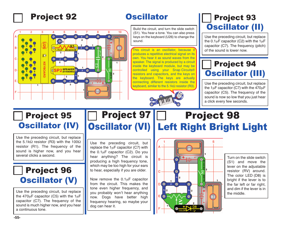 Project 98 left right bright light, Project 97 oscillator (vi), Project 92 oscillator | Oscillator (ii), Project 93, Project 94 | Elenco Snap Circuits SOUND ® User Manual | Page 56 / 88