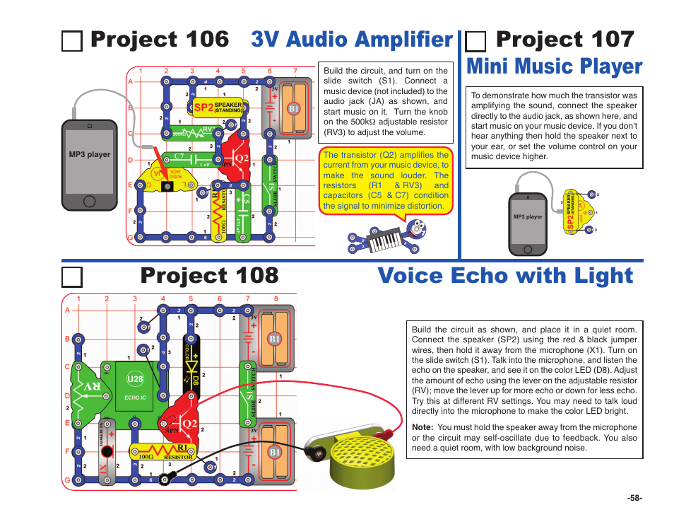 Project 106 3v audio amplifier, Project 107 mini music player, Project 108 voice echo with light | Elenco Snap Circuits SOUND ® User Manual | Page 59 / 88