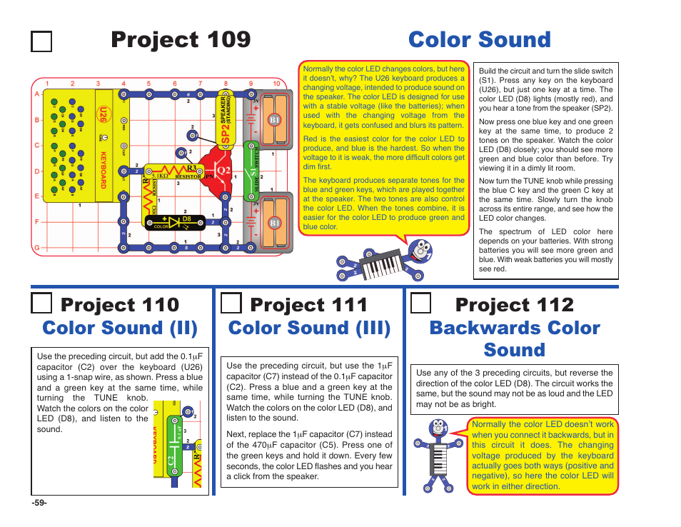Project 109 color sound, Project 112 backwards color sound | Elenco Snap Circuits SOUND ® User Manual | Page 60 / 88
