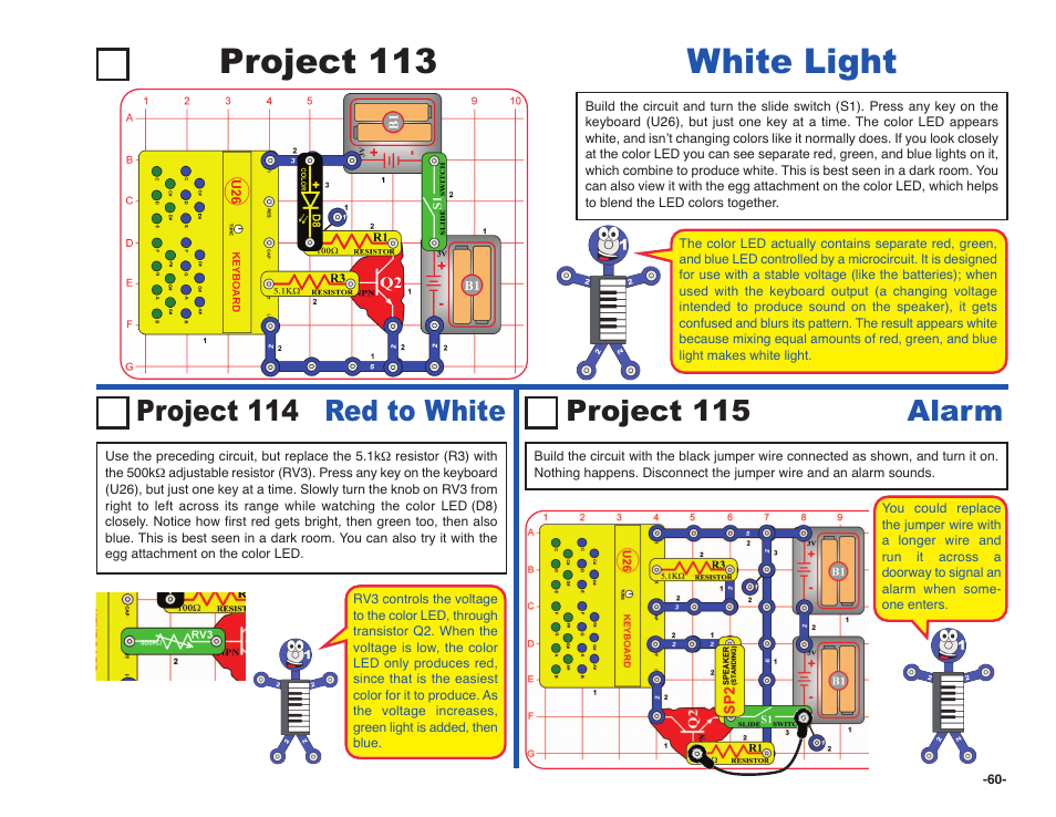Project 113 white light, Project 114 red to white, Project 115 alarm | Elenco Snap Circuits SOUND ® User Manual | Page 61 / 88