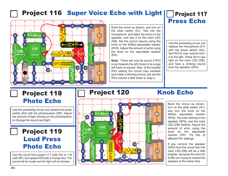 Press echo project 118 photo echo, Project 119 loud press photo echo, Project 117 | Elenco Snap Circuits SOUND ® User Manual | Page 62 / 88