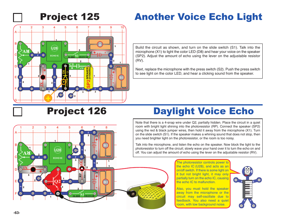 Project 126 daylight voice echo, Project 125 another voice echo light | Elenco Snap Circuits SOUND ® User Manual | Page 64 / 88