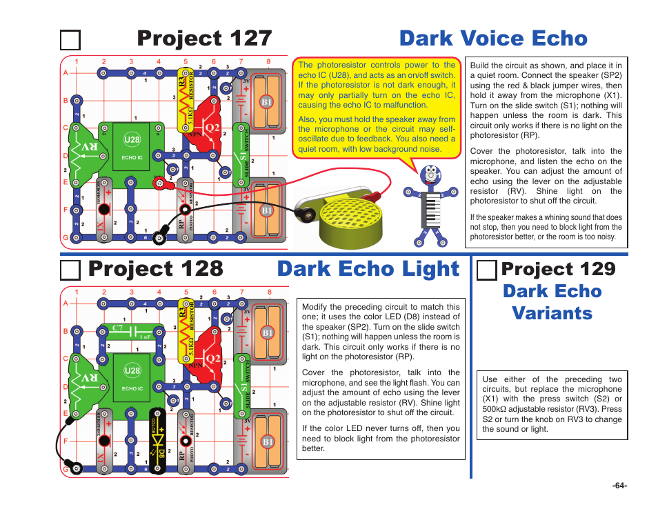 Dark echo light, Project 129 dark echo variants | Elenco Snap Circuits SOUND ® User Manual | Page 65 / 88