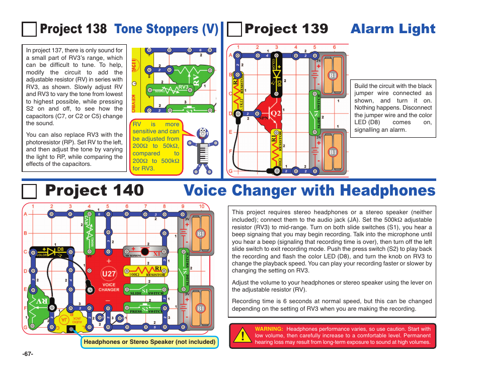 Project 140 voice changer with headphones, Project 138 tone stoppers (v), Project 139 alarm light | Elenco Snap Circuits SOUND ® User Manual | Page 68 / 88