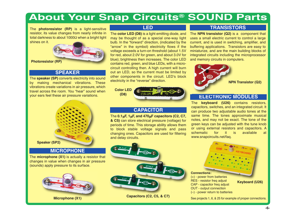 About your snap circuits, Sound parts | Elenco Snap Circuits SOUND ® User Manual | Page 7 / 88
