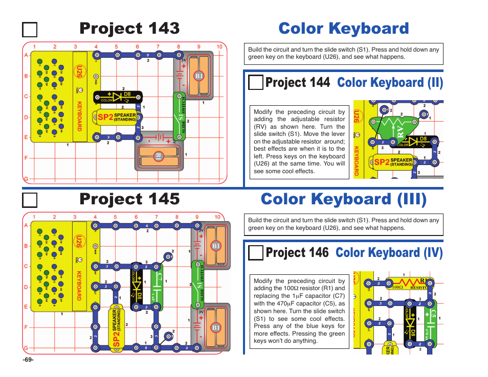 Project 144 color keyboard (ii), Project 146 color keyboard (iv) | Elenco Snap Circuits SOUND ® User Manual | Page 70 / 88