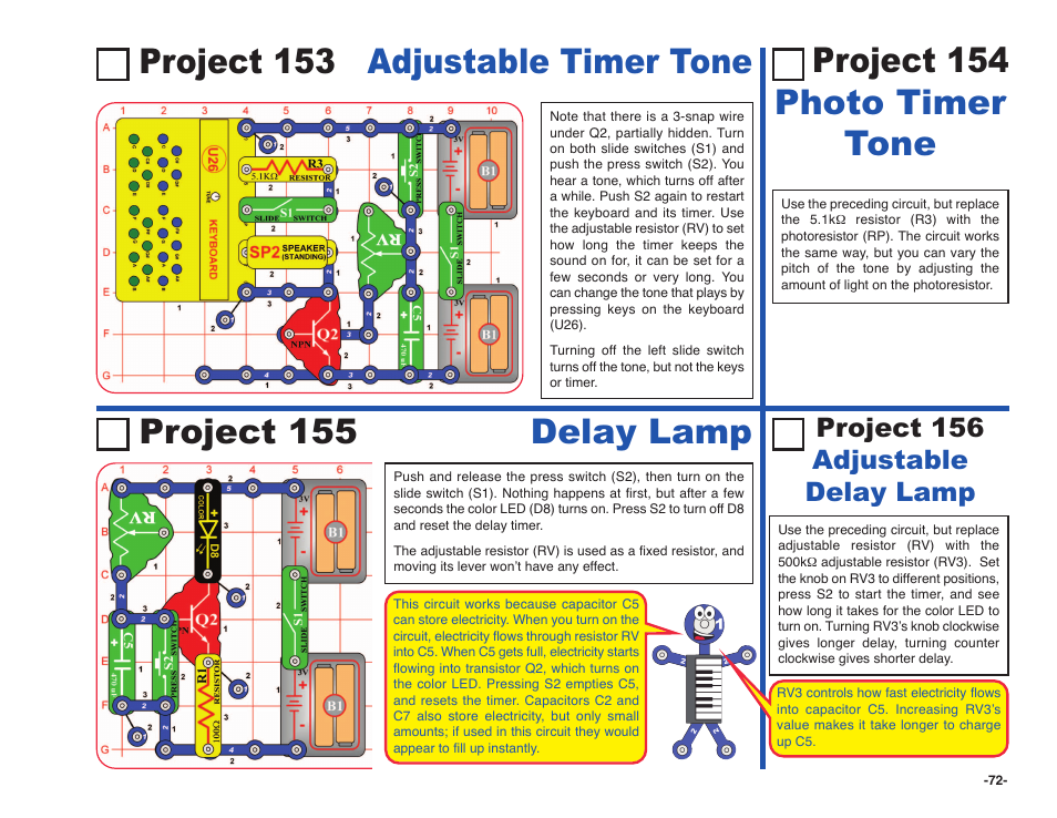 Project 155 delay lamp, Project 156 adjustable delay lamp | Elenco Snap Circuits SOUND ® User Manual | Page 73 / 88