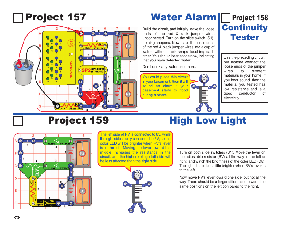 Project 159 high low light, Project 157 water alarm, Project 158 continuity tester | Elenco Snap Circuits SOUND ® User Manual | Page 74 / 88