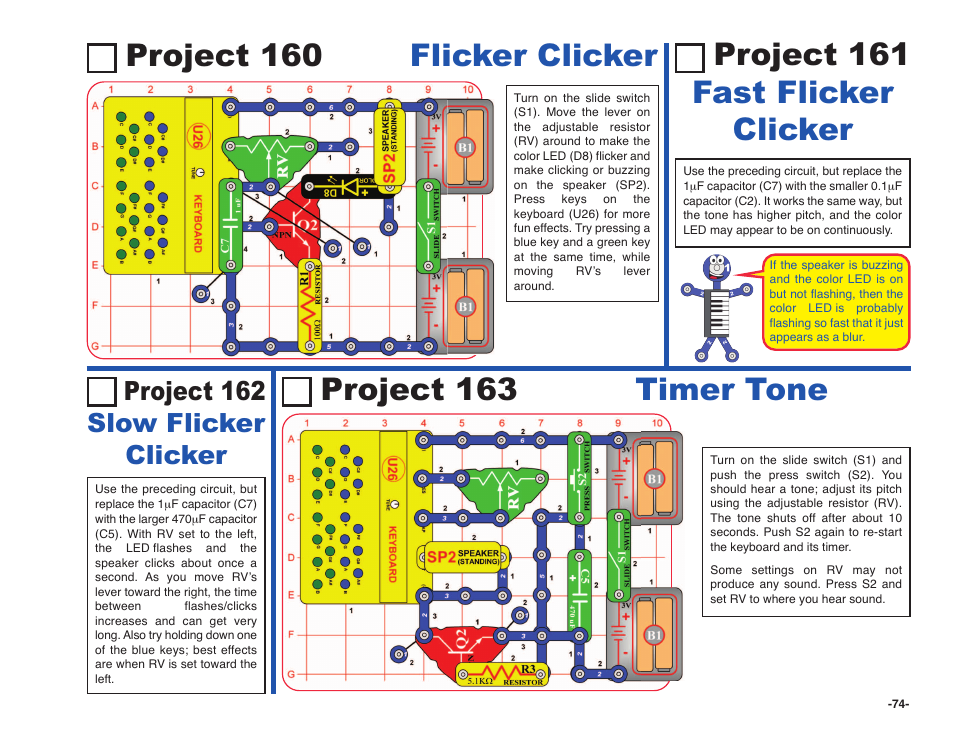 Project 161 fast flicker clicker, Project 160 flicker clicker, Project 163 timer tone | Project 162 slow flicker clicker | Elenco Snap Circuits SOUND ® User Manual | Page 75 / 88