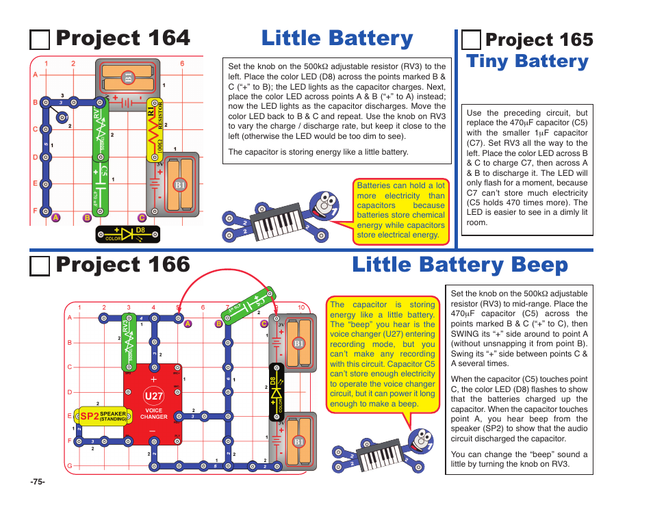 Project 164 little battery, Project 166 little battery beep, Project 165 tiny battery | Elenco Snap Circuits SOUND ® User Manual | Page 76 / 88