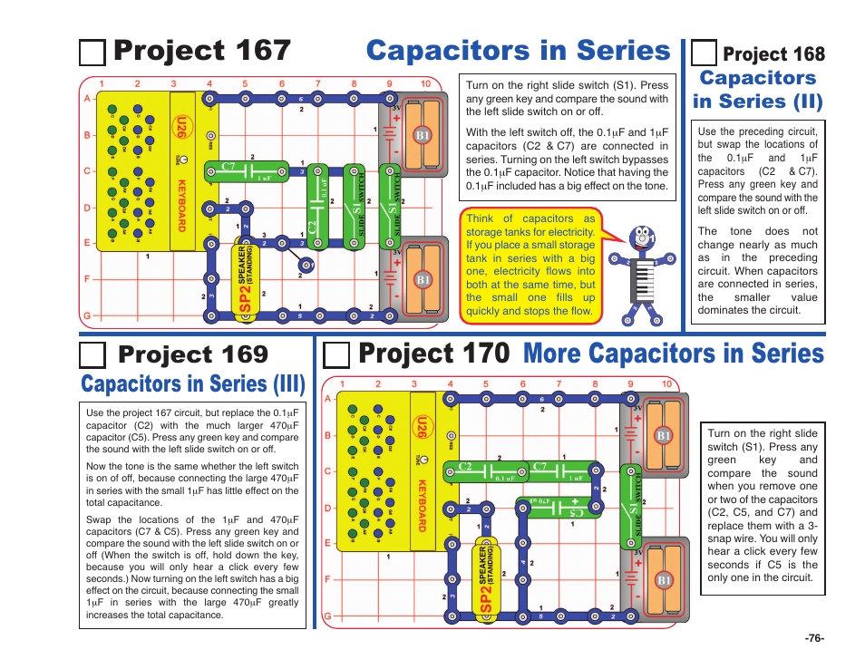 Project 170 more capacitors in series, Project 167 capacitors in series, Project 169 capacitors in series (iii) | Project 168 capacitors in series (ii) | Elenco Snap Circuits SOUND ® User Manual | Page 77 / 88