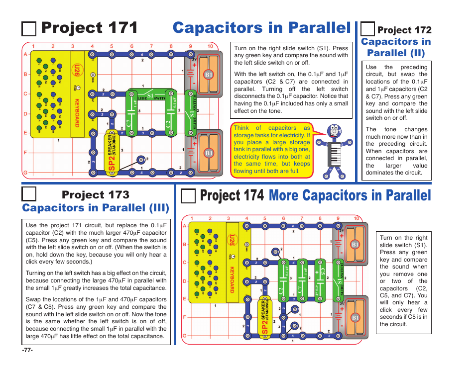 Project 171 capacitors in parallel, Project 174 more capacitors in parallel, Project 173 capacitors in parallel (iii) | Project 172 capacitors in parallel (ii) | Elenco Snap Circuits SOUND ® User Manual | Page 78 / 88