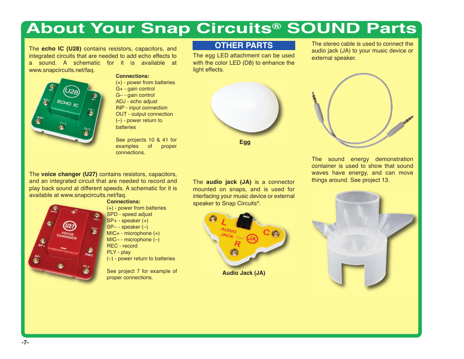 About your snap circuits, Sound parts | Elenco Snap Circuits SOUND ® User Manual | Page 8 / 88