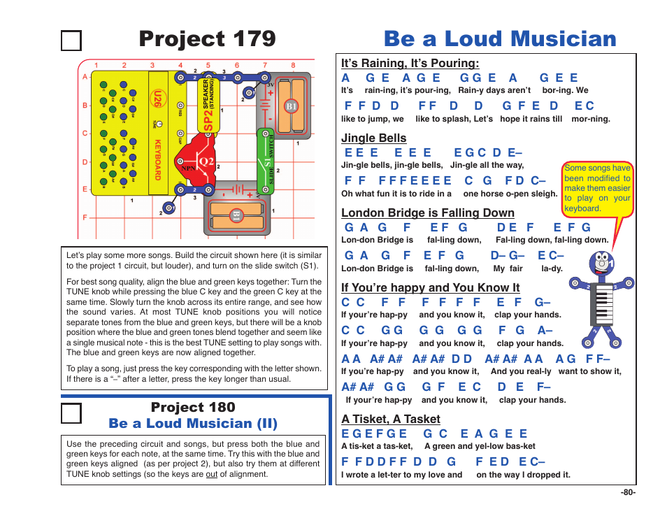 Project 179 be a loud musician, Project 180 be a loud musician (ii) | Elenco Snap Circuits SOUND ® User Manual | Page 81 / 88