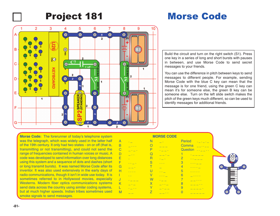 Project 181 morse code | Elenco Snap Circuits SOUND ® User Manual | Page 82 / 88
