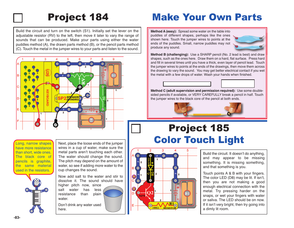 Project 185 color touch light, Make your own parts project 184 | Elenco Snap Circuits SOUND ® User Manual | Page 84 / 88