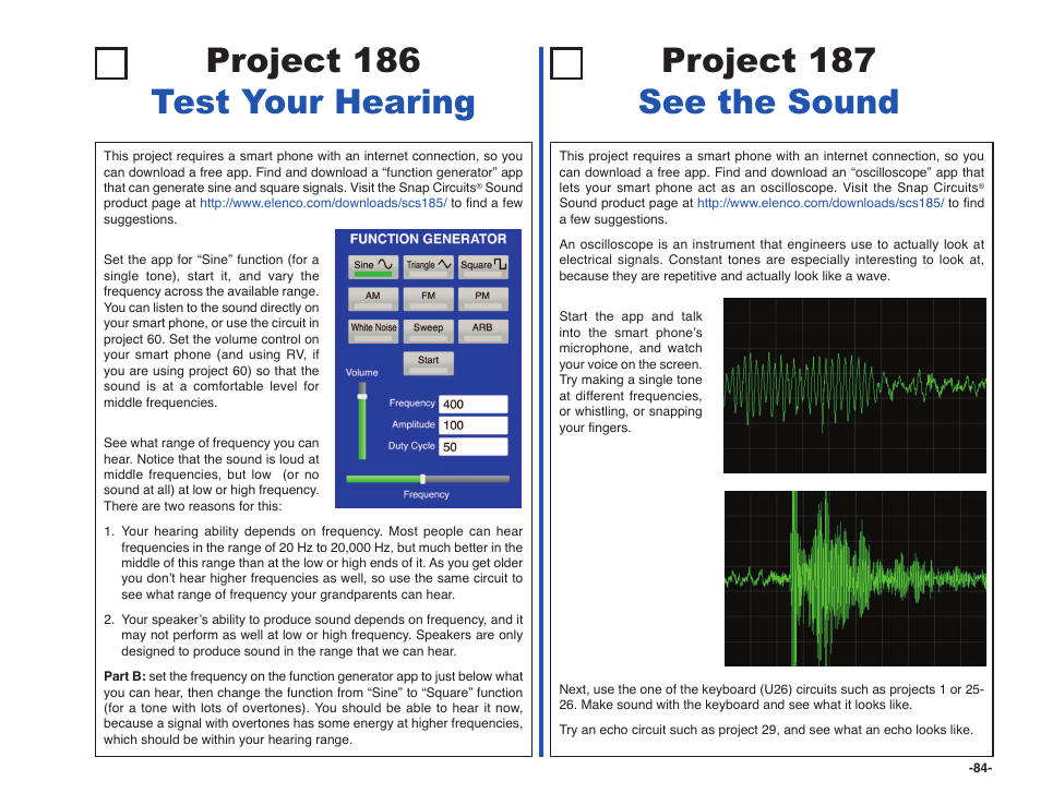 Project 186 test your hearing, Project 187 see the sound | Elenco Snap Circuits SOUND ® User Manual | Page 85 / 88