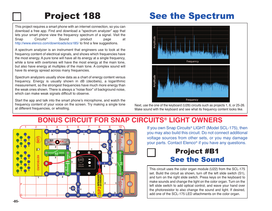 See the spectrum project 188, Project #b1 see the sound, Bonus circuit for snap circuits | Light owners | Elenco Snap Circuits SOUND ® User Manual | Page 86 / 88
