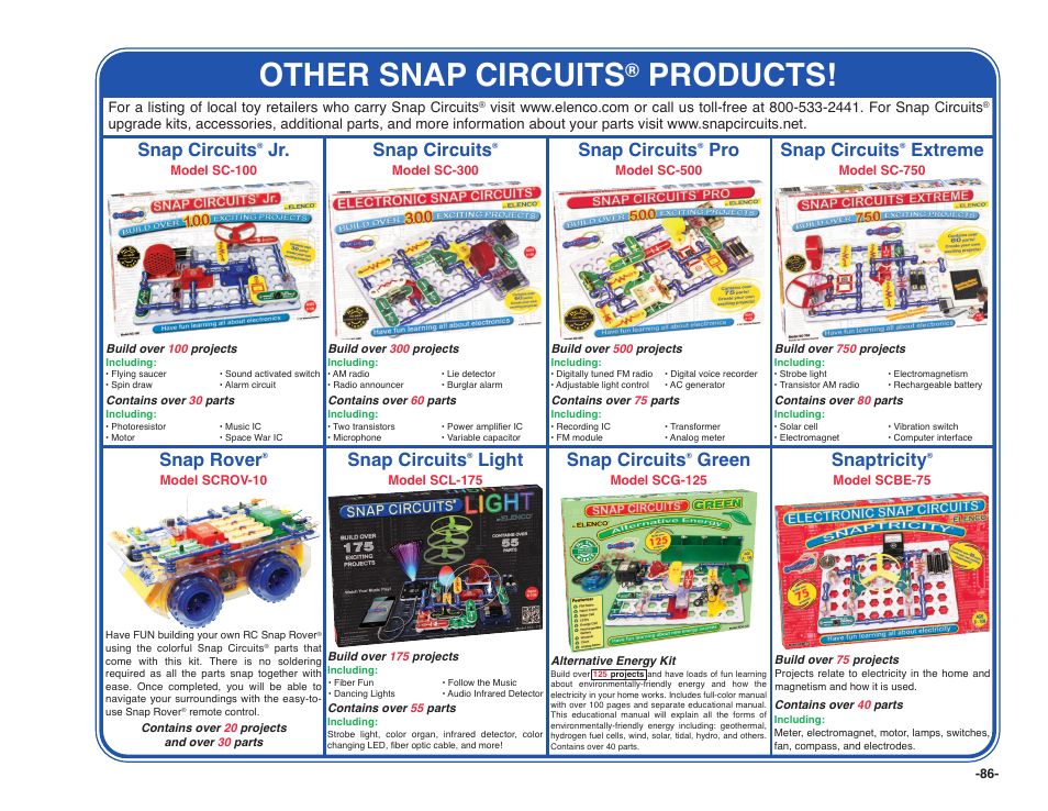 Other snap circuits, Products, Snap circuits | Extreme, Green, Snaptricity, Snap rover, Light | Elenco Snap Circuits SOUND ® User Manual | Page 87 / 88