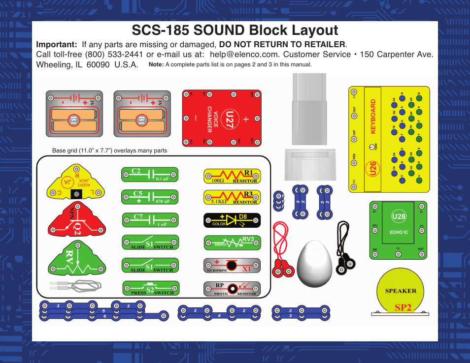 Scs-185 sound block layout | Elenco Snap Circuits SOUND ® User Manual | Page 88 / 88