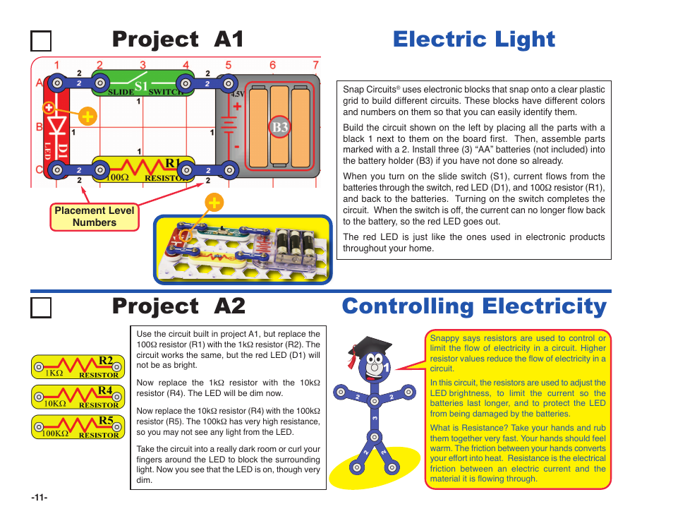 Project a1 electric light, Project a2 controlling electricity | Elenco Snap Circuits XP ® User Manual | Page 12 / 64