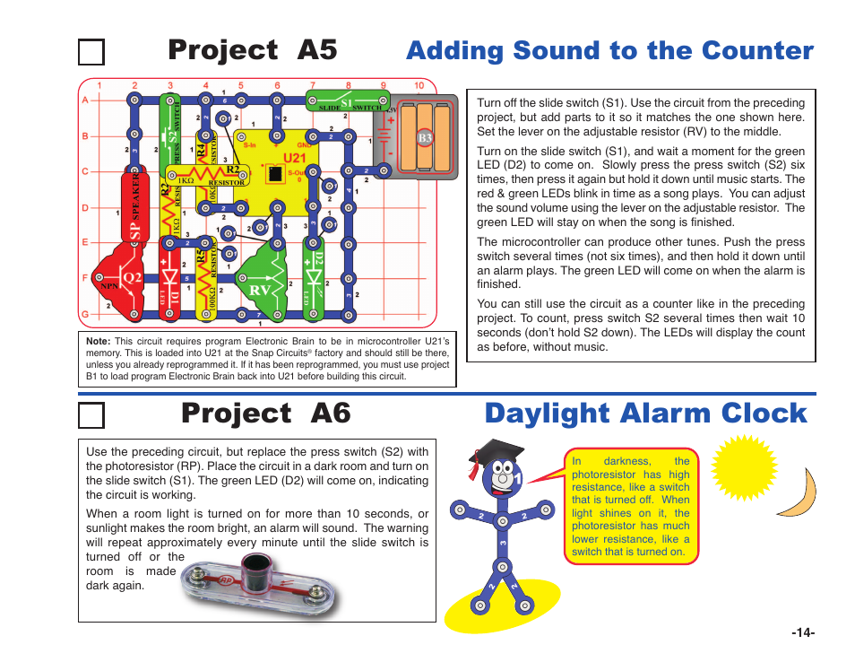 Project a5, Project a6 daylight alarm clock, Adding sound to the counter | Elenco Snap Circuits XP ® User Manual | Page 15 / 64