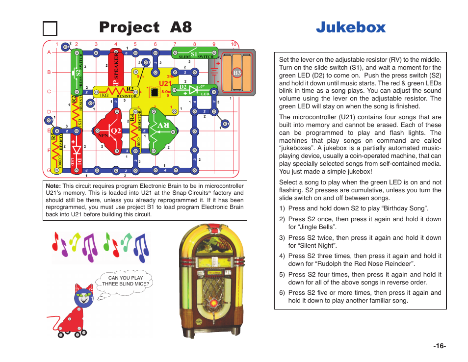 Project a8 jukebox | Elenco Snap Circuits XP ® User Manual | Page 17 / 64