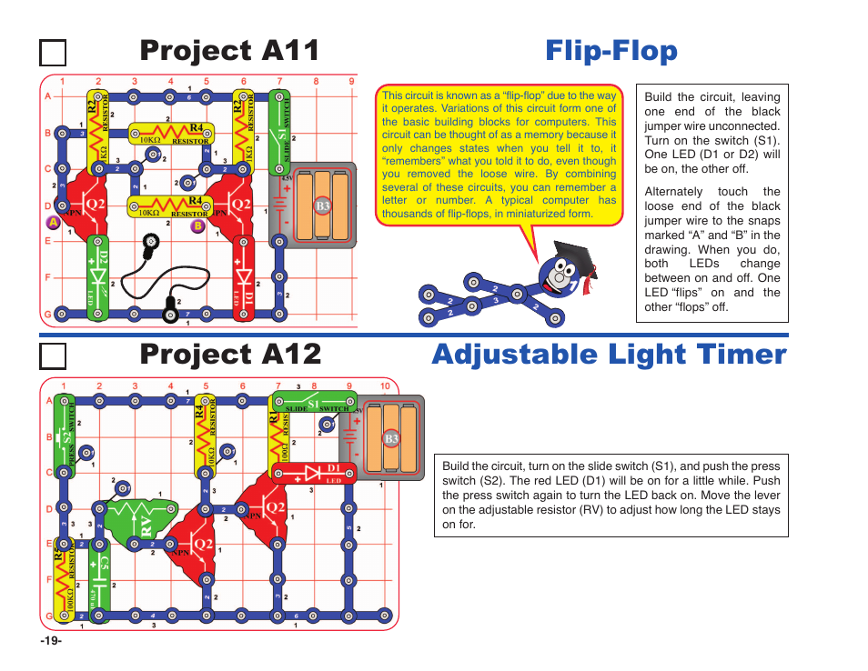 Project a11, Flip-flop project a12, Adjustable light timer | Elenco Snap Circuits XP ® User Manual | Page 20 / 64