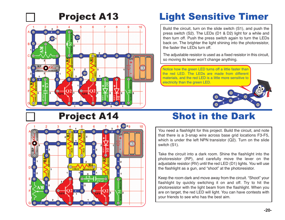 Project a13, Light sensitive timer project a14, Shot in the dark | Elenco Snap Circuits XP ® User Manual | Page 21 / 64