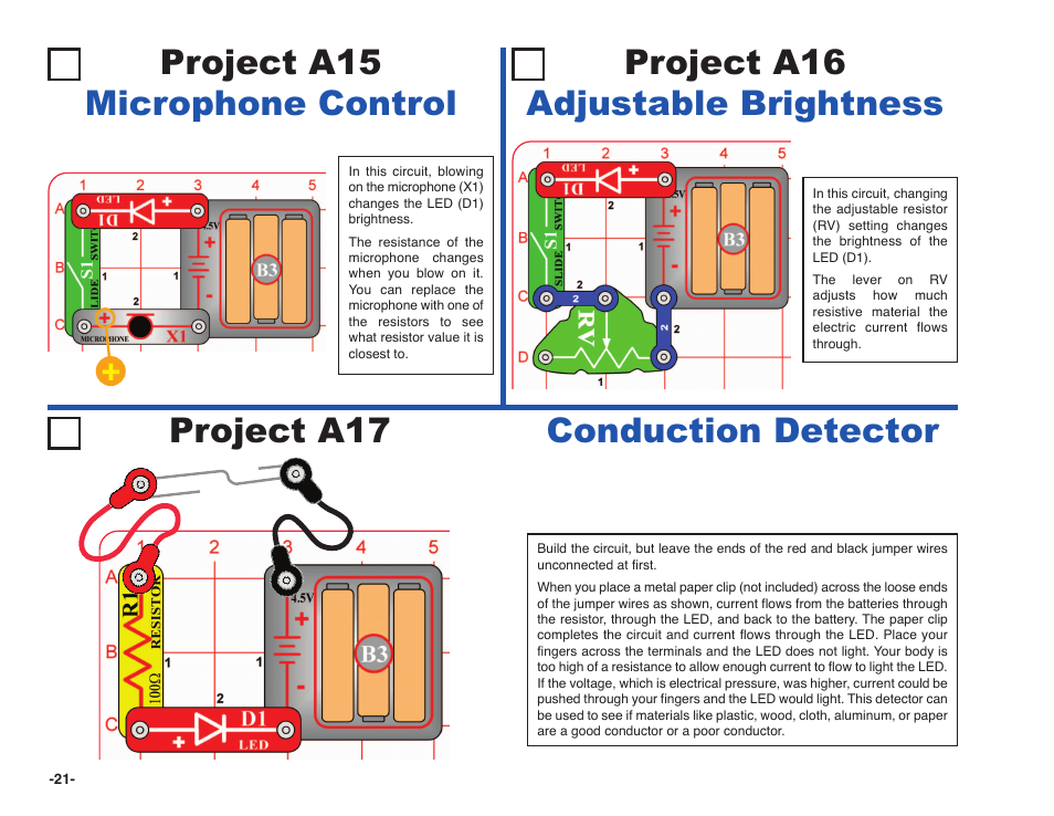 Project a17, Conduction detector project a15 microphone control, Project a16 adjustable brightness | Elenco Snap Circuits XP ® User Manual | Page 22 / 64