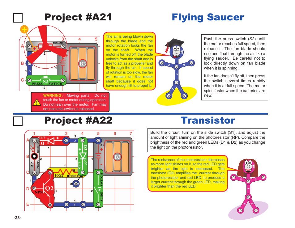 Project #a21, Flying saucer project #a22, Transistor | Elenco Snap Circuits XP ® User Manual | Page 24 / 64