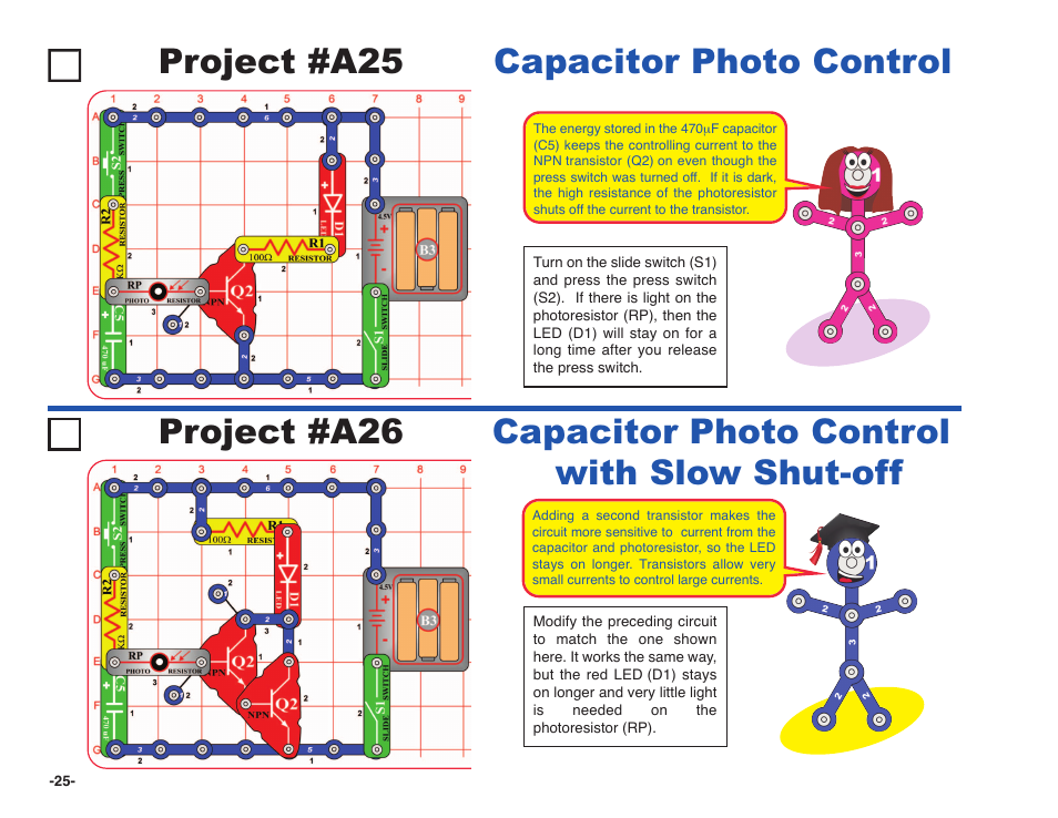 Project #a25 capacitor photo control project #a26, Capacitor photo control with slow shut-off | Elenco Snap Circuits XP ® User Manual | Page 26 / 64