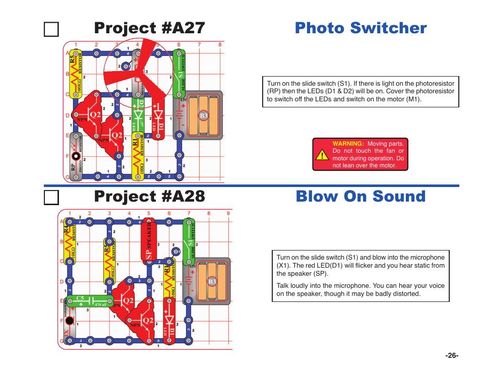 Project #a27, Photo switcher project #a28, Blow on sound | Elenco Snap Circuits XP ® User Manual | Page 27 / 64