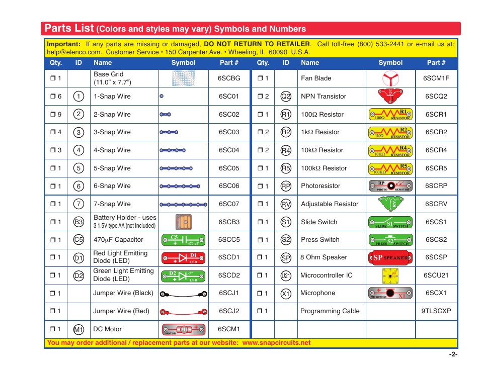 Parts list | Elenco Snap Circuits XP ® User Manual | Page 3 / 64