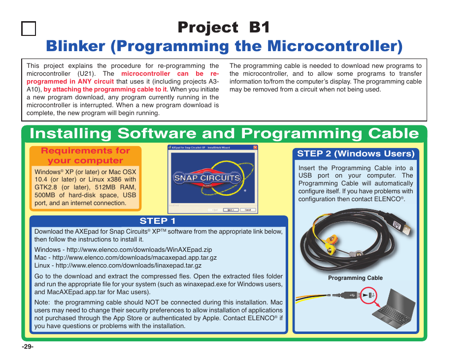 Project b1, Blinker (programming the microcontroller), Installing software and programming cable | Elenco Snap Circuits XP ® User Manual | Page 30 / 64