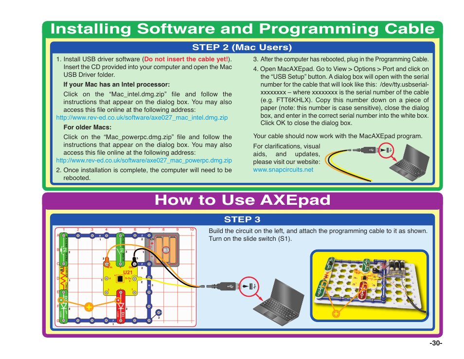 How to use axepad, Installing software and programming cable | Elenco Snap Circuits XP ® User Manual | Page 31 / 64