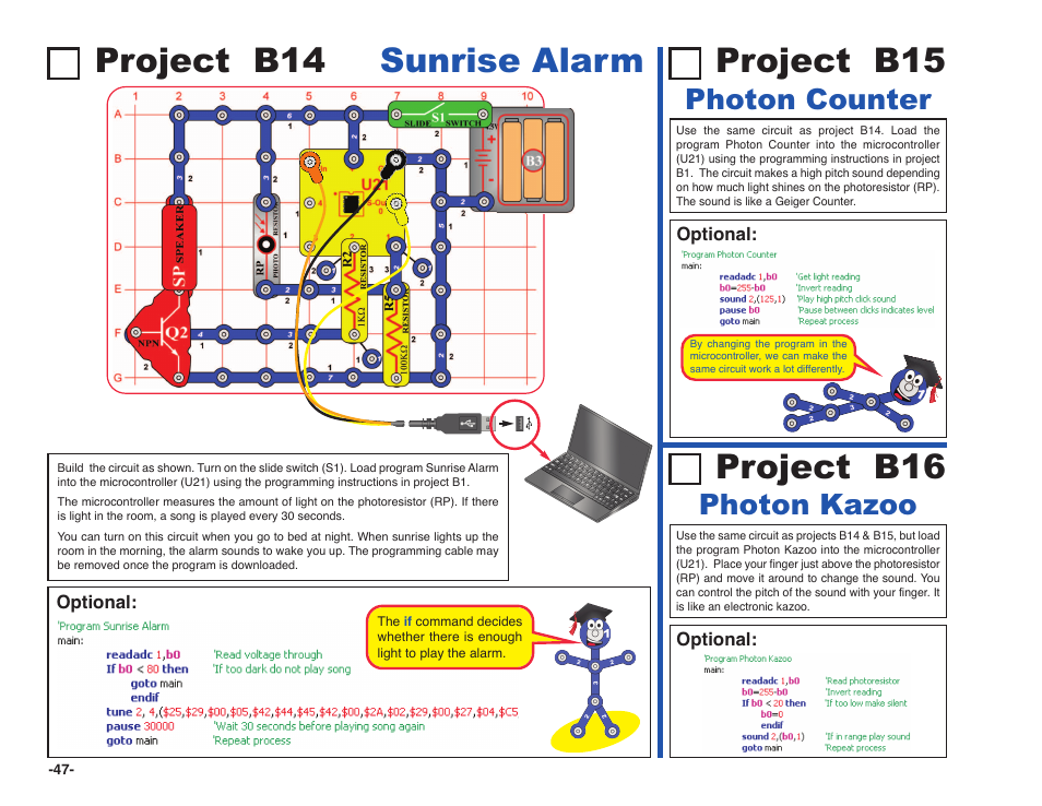 Project b16, Project b15, Project b14 sunrise alarm | Photon kazoo, Photon counter | Elenco Snap Circuits XP ® User Manual | Page 48 / 64