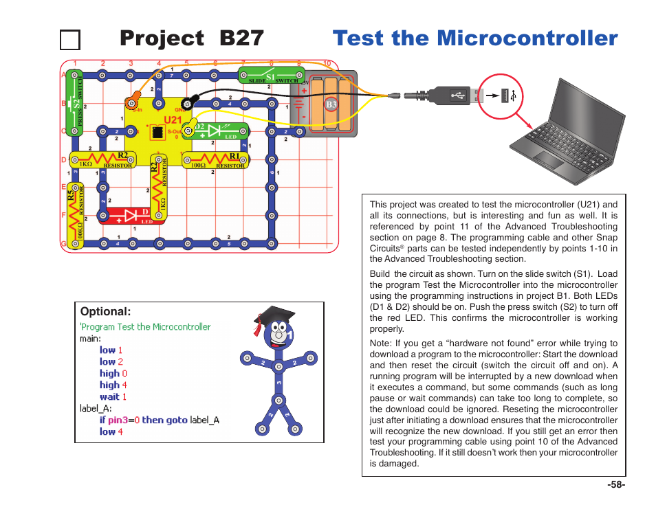 Project b27 test the microcontroller | Elenco Snap Circuits XP ® User Manual | Page 59 / 64