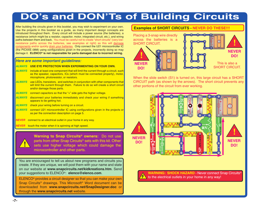 Do’s and don’ts of building circuits | Elenco Snap Circuits XP ® User Manual | Page 8 / 64