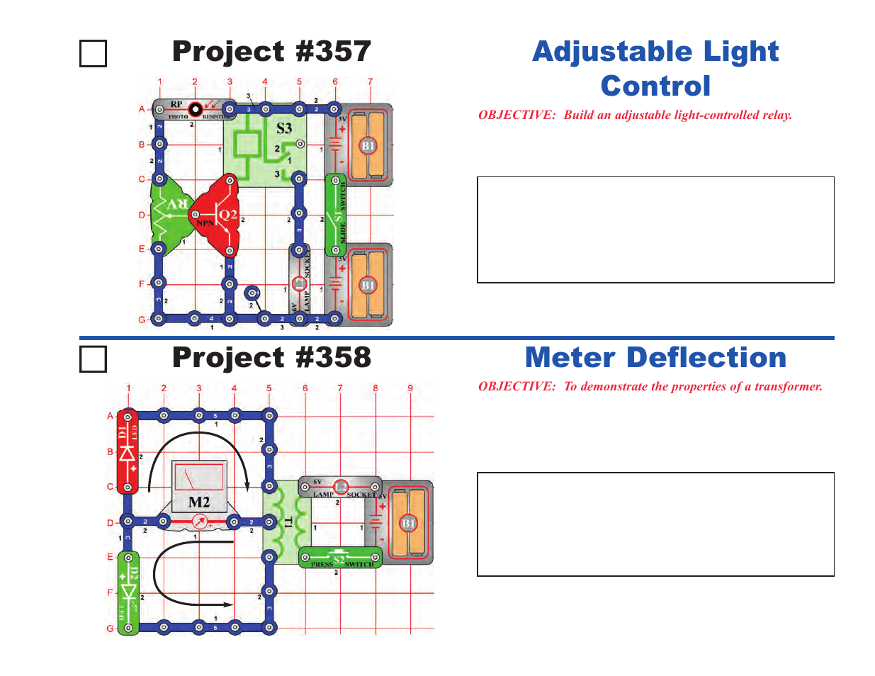 Project #357, Adjustable light control project #358, Meter deflection | Elenco Upgrade Kit SC100 to SC500 User Manual | Page 101 / 140