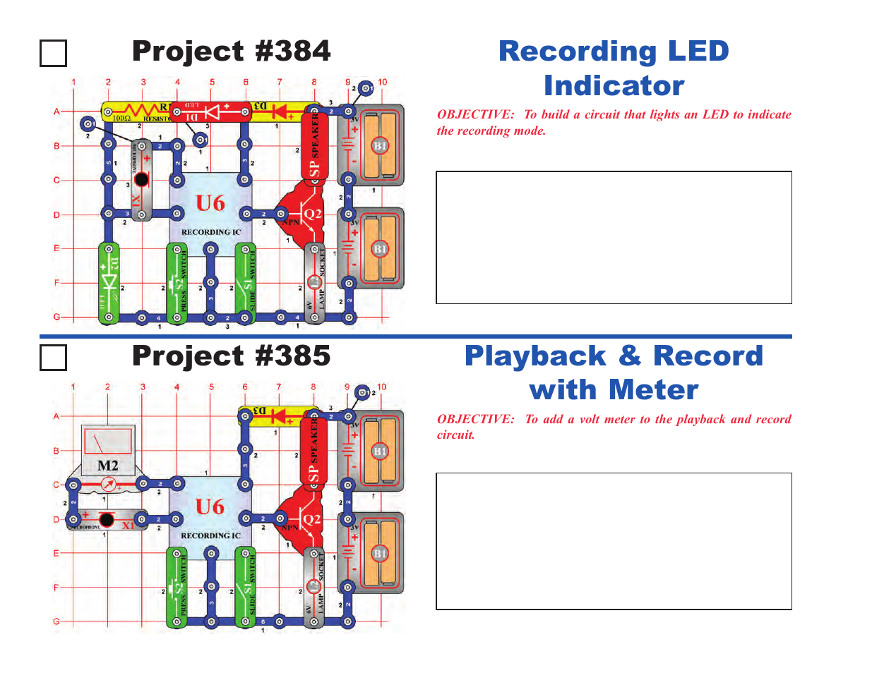 Project #384, Recording led indicator project #385, Playback & record with meter | Elenco Upgrade Kit SC100 to SC500 User Manual | Page 108 / 140