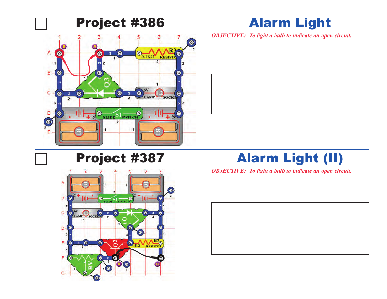 Project #386, Alarm light project #387 alarm light (ii) | Elenco Upgrade Kit SC100 to SC500 User Manual | Page 109 / 140