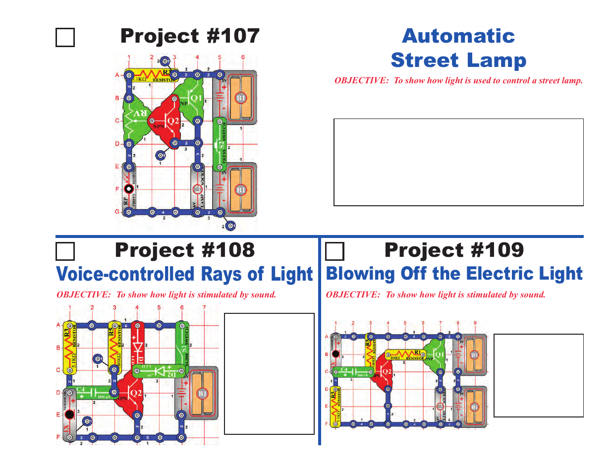 Project #107, Project #109, Blowing off the electric light | Elenco Upgrade Kit SC100 to SC500 User Manual | Page 11 / 140