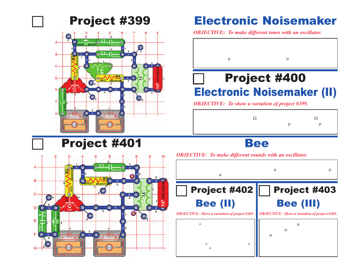 Project #399, Electronic noisemaker, Bee (ii) | Bee (iii), Project #402, Project #403 | Elenco Upgrade Kit SC100 to SC500 User Manual | Page 113 / 140