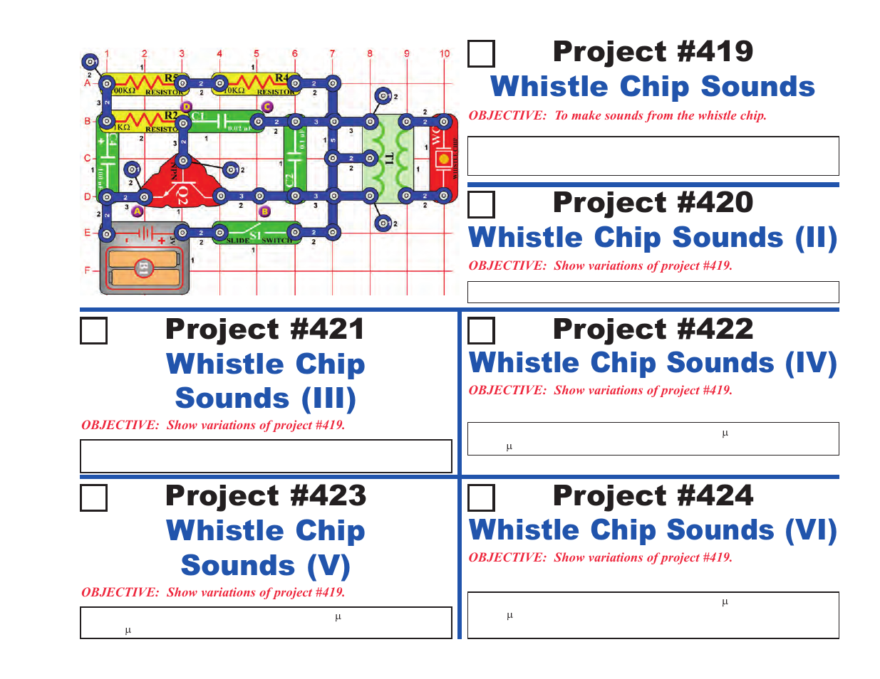 Whistle chip sounds (ii) project #420, Whistle chip sounds (iii) project #421, Whistle chip sounds (vi) project #424 | Whistle chip sounds project #419, Whistle chip sounds (v) project #423, Whistle chip sounds (iv) project #422 | Elenco Upgrade Kit SC100 to SC500 User Manual | Page 117 / 140