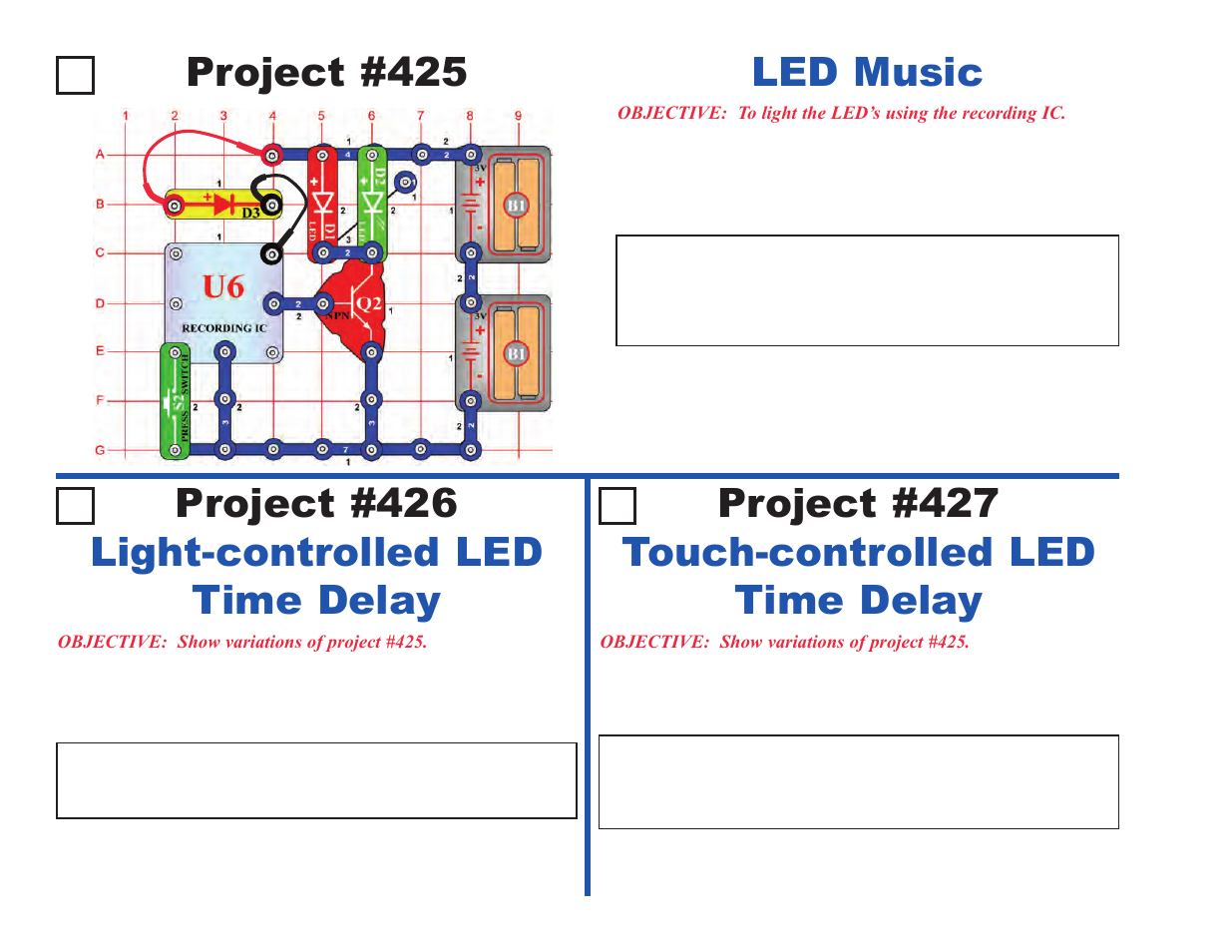 Project #425, Light-controlled led time delay, Touch-controlled led time delay | Elenco Upgrade Kit SC100 to SC500 User Manual | Page 118 / 140