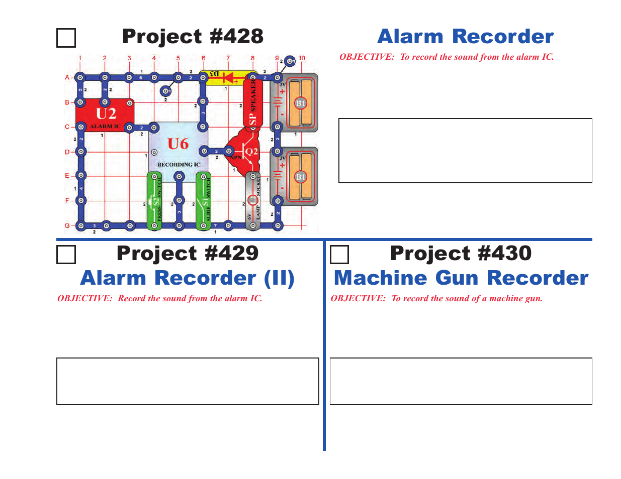 Project #428, Alarm recorder (ii), Machine gun recorder | Elenco Upgrade Kit SC100 to SC500 User Manual | Page 119 / 140