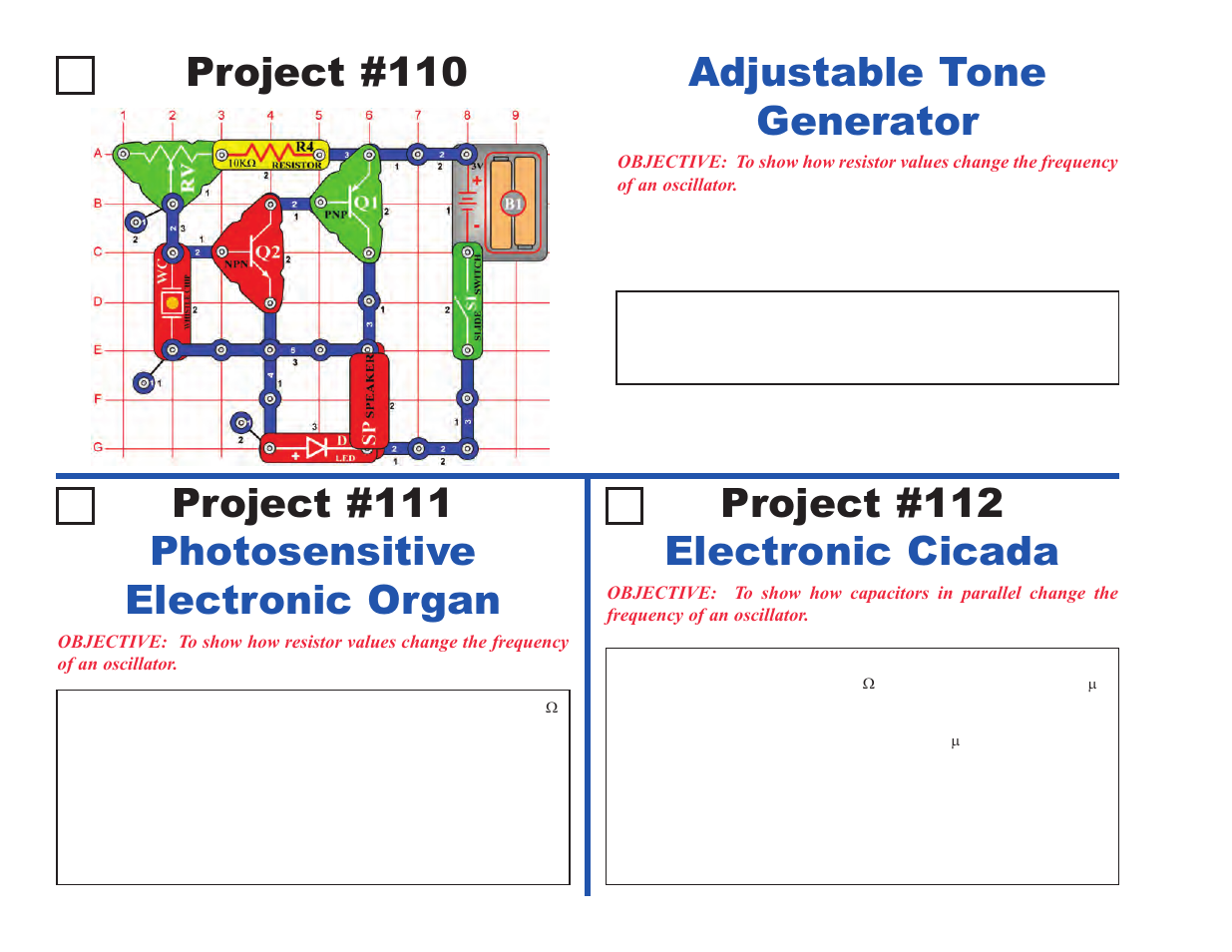 Project #110, Adjustable tone generator, Project #112 electronic cicada | Project #111 photosensitive electronic organ | Elenco Upgrade Kit SC100 to SC500 User Manual | Page 12 / 140